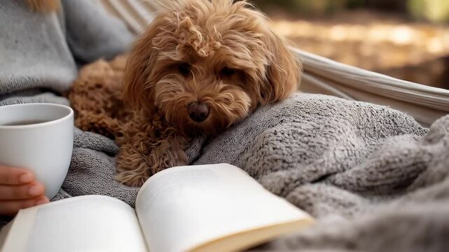 Relaxed woman resting in garden hammock, reading book and sipping warm tea beside sleeping dog during golden fall afternoon