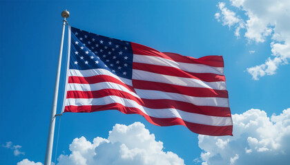 Obraz premium American Flag Waving Blue Sky Clouds Patriotic USA