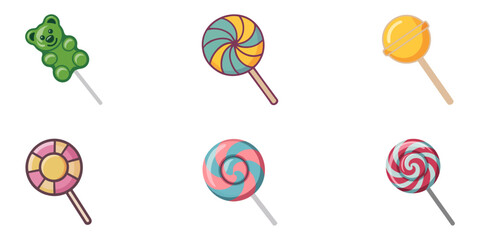 Sweets and candies icon vector set on white background, Candy icon vector illustration, candy and lollipop, kawaii Cute Pastel Set of candy sweets desserts with different types isolated on White.
