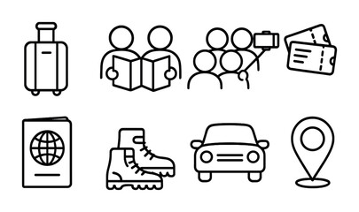 Travel essentials icons for vacation and adventure planning