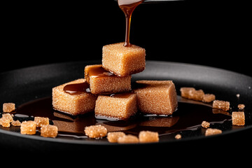 Caramelizing sugar cubes melting slowly to create a rich golden syrup in a dark setting