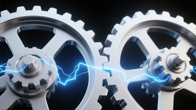 Interlocking silver gears with blue kinetic energy flow, symbolizing mechanical synergy and technological innovation for industrial design posters, engineering visuals, or futuristic branding