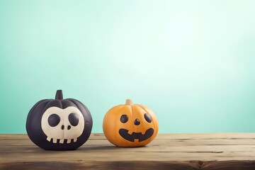Cute Jack-o'-Lantern Pumpkins on Wooden Table Against Pastel Background &ndash; Halloween Decor Concept
