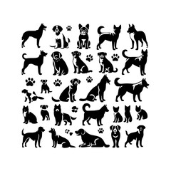Vector silhouette of group of dogs on white background.