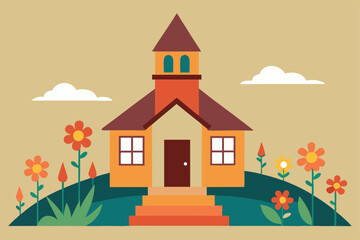 old rural schoolhouse with a bell tower  wooden 