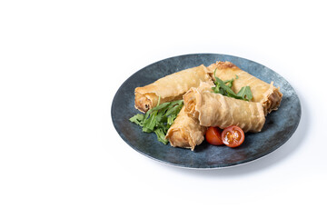 Crispy Spring Rolls on Ceramic Plate isolated on white background. Copy space