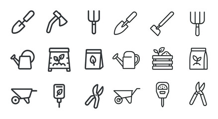 Obraz premium Gardening tools outline icons set – line, linear, garden equipment graphics
