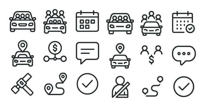 Carpool and rideshare line icons set – linear, outline, transportation symbols
