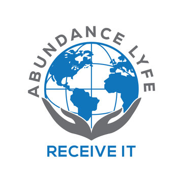 Logo design with hands holding Earth globe and text &ldquo;Abundance Lyfe Receive It&rdquo; representing global care and abundance