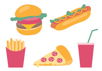 Flat vector set of fast food: burger, fries, pizza, hot dog, soda