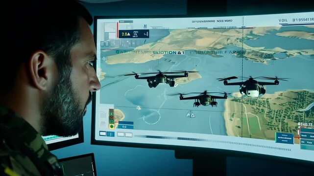 Military personnel studying drone mission, reviewing strategic information on advanced display panels within secure command center