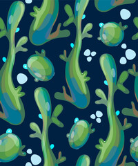 Vector seamless background with marine elements. Plants, algae, and abstract green lines on a separate background.