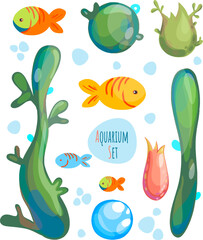 A vector set with marine elements. Plants, algae, and aquarium fish.