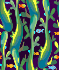 Vector seamless background with marine elements. Plants, algae, and abstract green lines on a separate background.