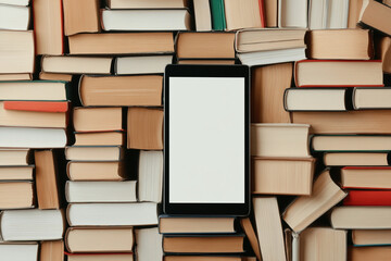 Classic literature surrounds a tablet displaying an empty screen, representing the evolution of reading habits and technology
