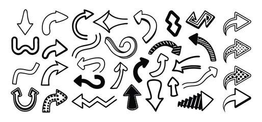 Hand drawn vector illustration set of sketch arrows and alphabet design elements