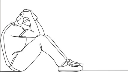 Depressed man sitting on the floor with continuous line drawing style. Minimalist black linear sketch isolated on white background. Vector illustration