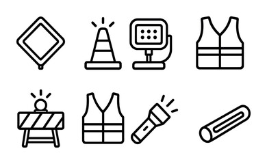 Construction safety equipment icons for roadwork and maintenance designs