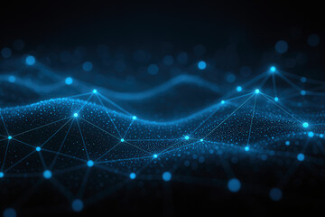 Abstract digital glowing blue connected dots and lines, representing data flow, communication, and network systems.