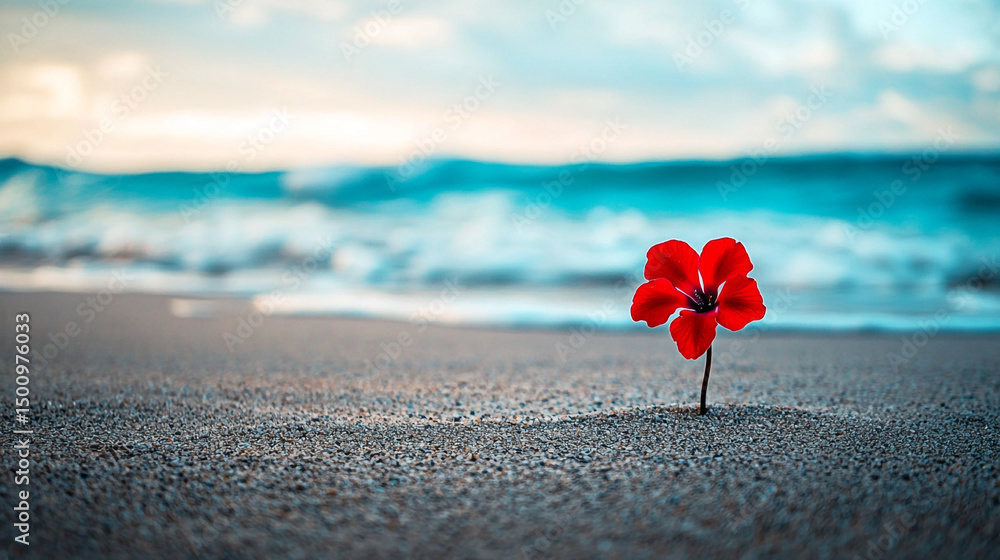 Poster a single red flower on a beach with ocean waves and a cloudy sky in the background on a sunny day