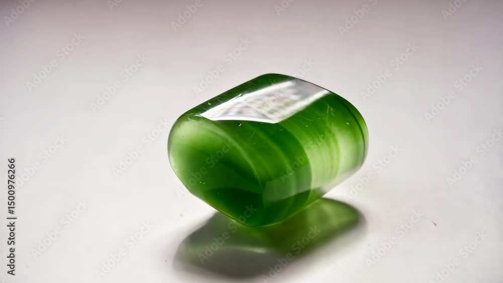 Poster translucent green stone with rounded edges on white surface showing a cast shadow with light reflect