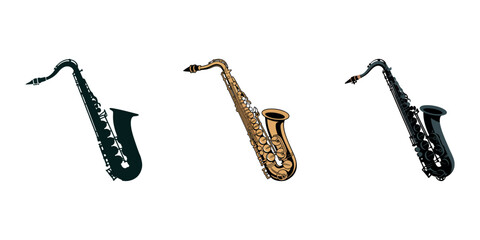 saxophone silhouette vector illustration, saxophone wind instrument vector design, Saxophone icon graphic element Illustration template design vector, saxophone silhouette vector illustration