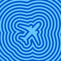 Tilted airplane silhouette with dynamic concentric blue ripple background. Vector illustration.