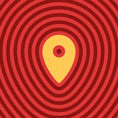 Bold yellow location pin icon over a red concentric ripple pattern. Vector illustration.