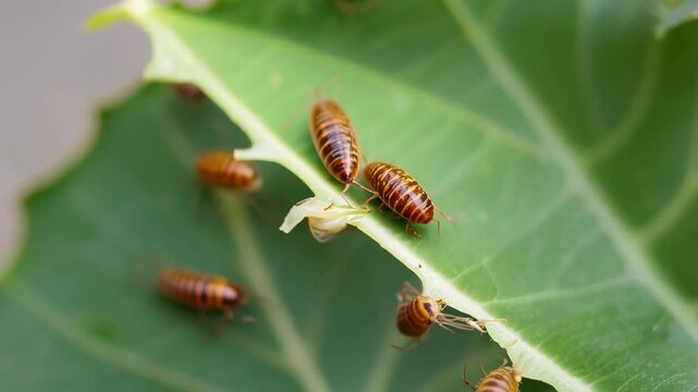 Tiny beetles crawling across verdant leaf surface, highlighting intricate movement patterns and detailed surface textures in close up microcosmic view