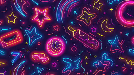 Colorful neon illustration featuring various playful shapes including stars, moons, and swirls on a dark background, creating a vibrant and energetic atmosphere for creative projects