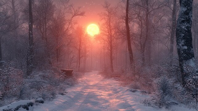 Snowy path with winter sunset forest.