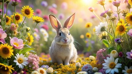 Fototapeta premium Adorable bunny sitting amidst a vibrant meadow of wildflowers bathed in sunlight