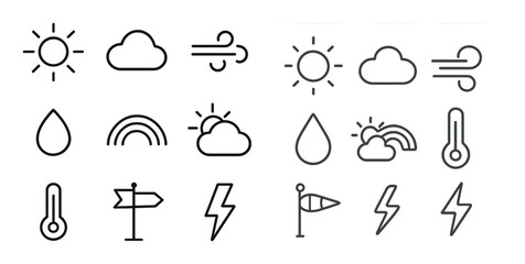 Weather forecast outline icons set – linear, flat, climate symbols and elements