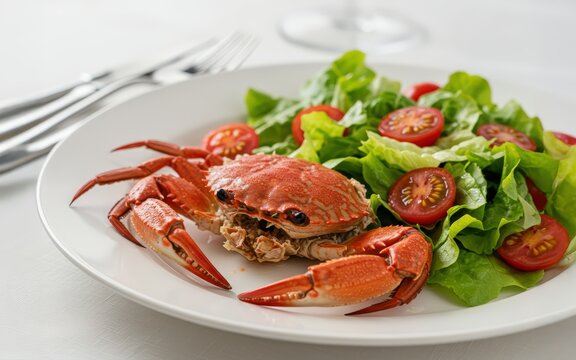 Delicious crabmeat served with a refreshing lettuce and cherry tomato salad, a delightful culinary experience.