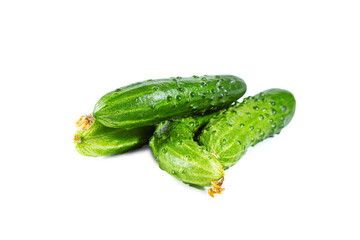 Green fresh cucumbers isolated on white background. Healthy eating.
