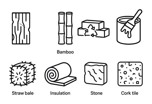 Sustainable building materials icon set for eco-friendly design and construction projects