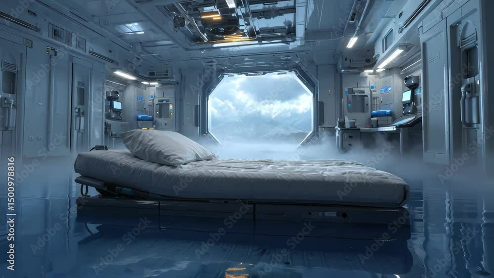 Poster futuristic sleeping pod in a high-tech environment with a stunning view