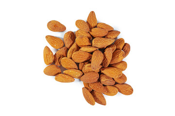 Heap of almonds isolated on white background. Top view.