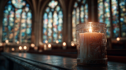 A candle in a decorative glass vessel flickers against the backdrop of the majestic interior of a Gothic church with stained glass windows, creating an atmosphere of silence and spiritual solitude.