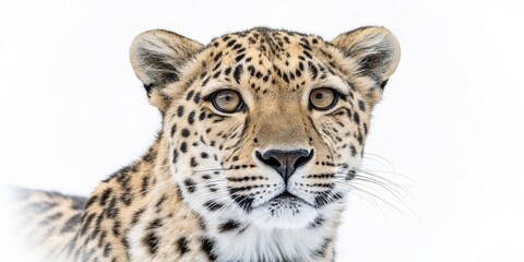 Fototapeta premium Amur Leopard Portrait Close-up, White Background, Wildlife Photography Amur Leopard, Big Cats