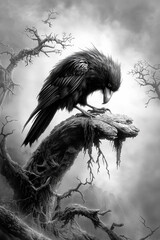 Dark raven perched on a gnarled branch in a moody, gothic black and white landscape.