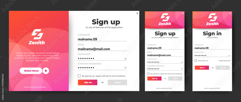 Poster profesional sign up and sign in form page set. web landing page and mobile app. vector
