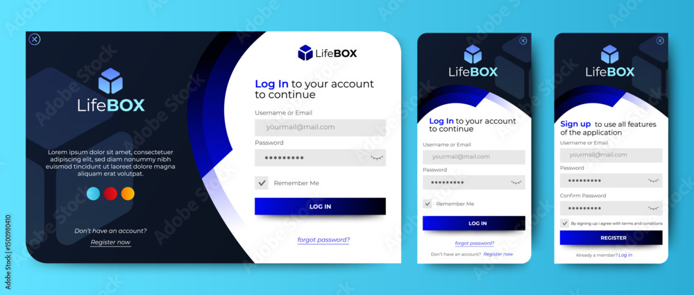 Poster profesional sign up and sign in form page set. web landing page and mobile app. vector