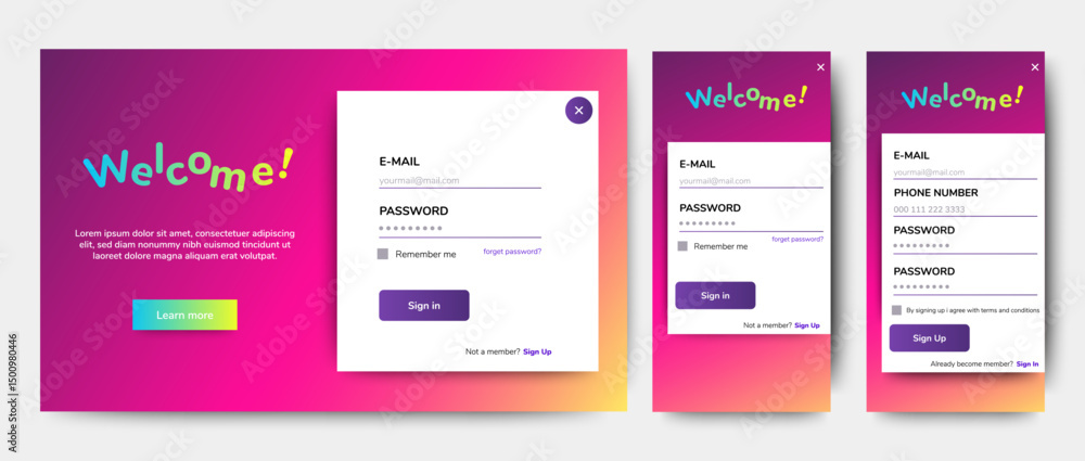 Poster login and sign up form. web and mobile registration ui landing page. professional register screen ap