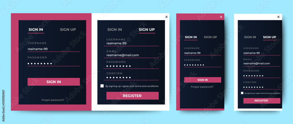 Poster modern sign up and sign in form page. profesional register dashboard ui deign. vector