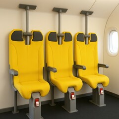 Three bright yellow upright airplane seats designed for standing passengers. Concept of low cost travel, space saving cabin design, and future of budget aviation