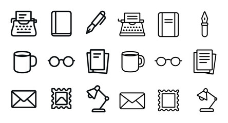 Writing and office outline icons set – stationery, linear symbols for productivity