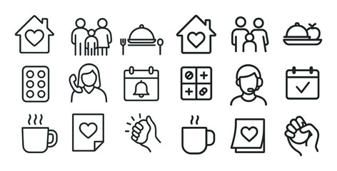 Family and home outline icons set – linear, symbols, domestic life elements