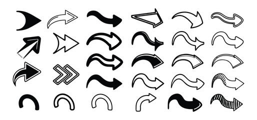 Black cured arrows vector silhouette illustration set of flying foxes, birds, and bats