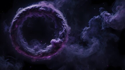 A swirling purple smoke ring floating in a dark cosmic space with faint stars, creating an ethereal and mysterious atmosphere, perfect for abstract backgrounds and futuristic designs